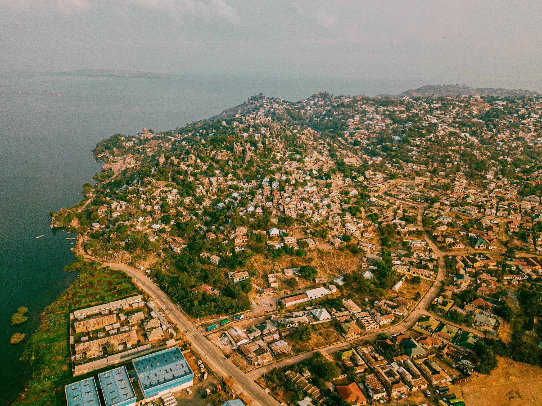 A stunning aerial view of Mwanza, Tanzania, showcasing the city's landscape and Lake Victoria.